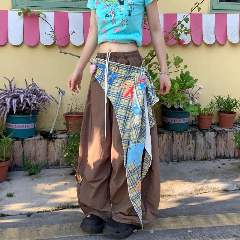 Retro Contrasting Tooling Paratrooper Pants Women's Summer Quick-drying Trousers Pleated Design Loose Wide-leg Trousers