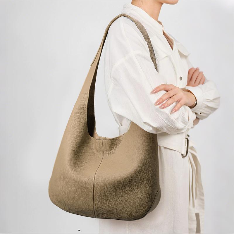Genuine Cowhide Lychee Pattern Underarm Shoulder Bag Lightweight Travel Tote Handbag for Women
