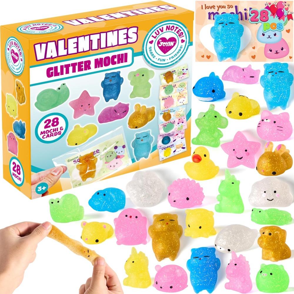 Discover Intime 28 Packs Valentine's Day Present Cards Featuring Glitter Mochi Squishy Playthings To Squeeze Cute And Charming Stress Relief Fidget Toy