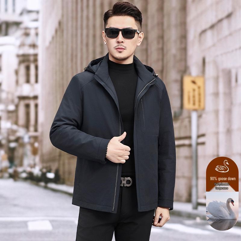 Men's Hooded Winter Jacket with Detachable Liner – 90% Goose Down, Warm Mid-Length.