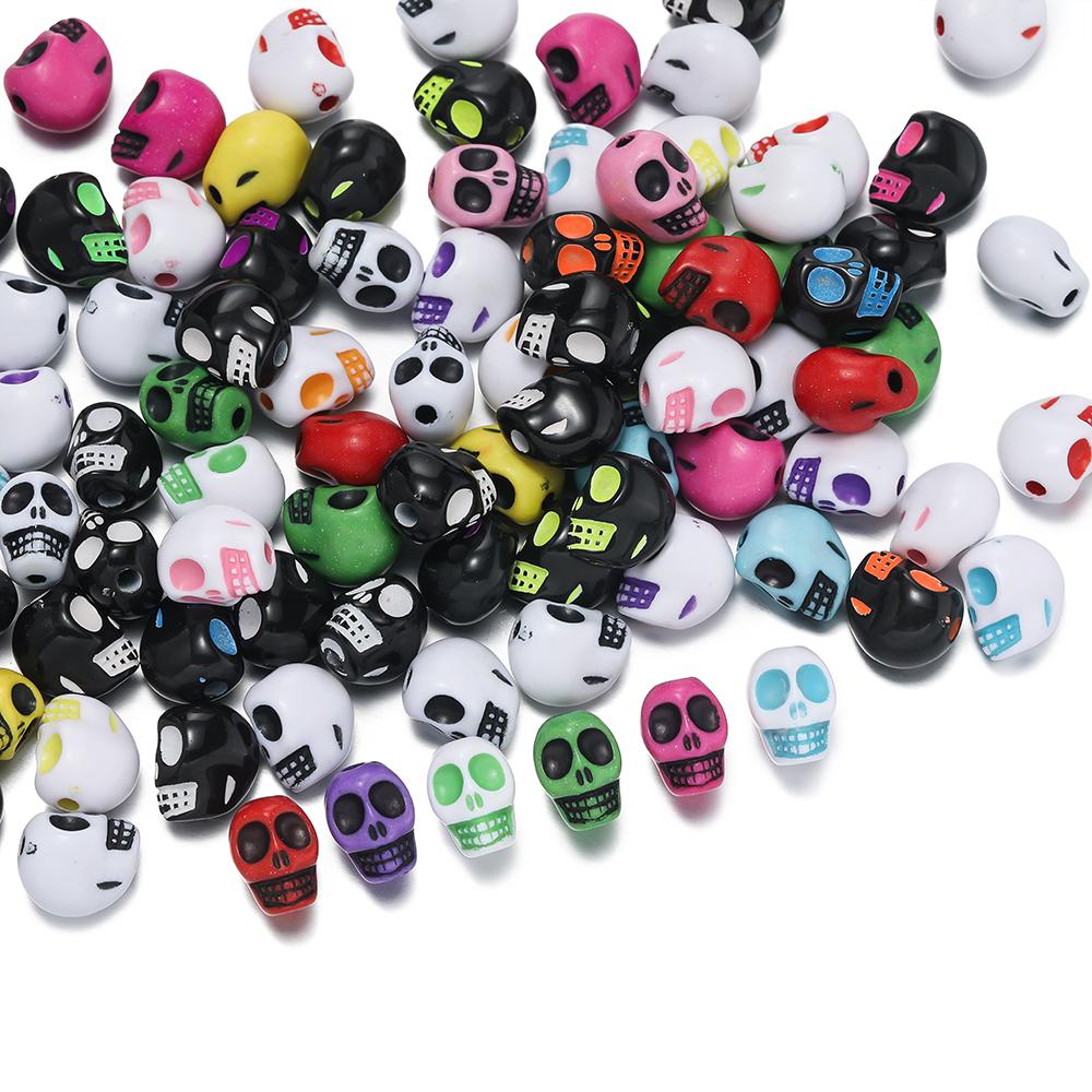 100 Stück bunte Totenkopf-Form Perlen Acryl Abstandshalter lose Perlen für Halloween Ohrringe Armband Halskette DIY Schmuckherstellung Zubehör