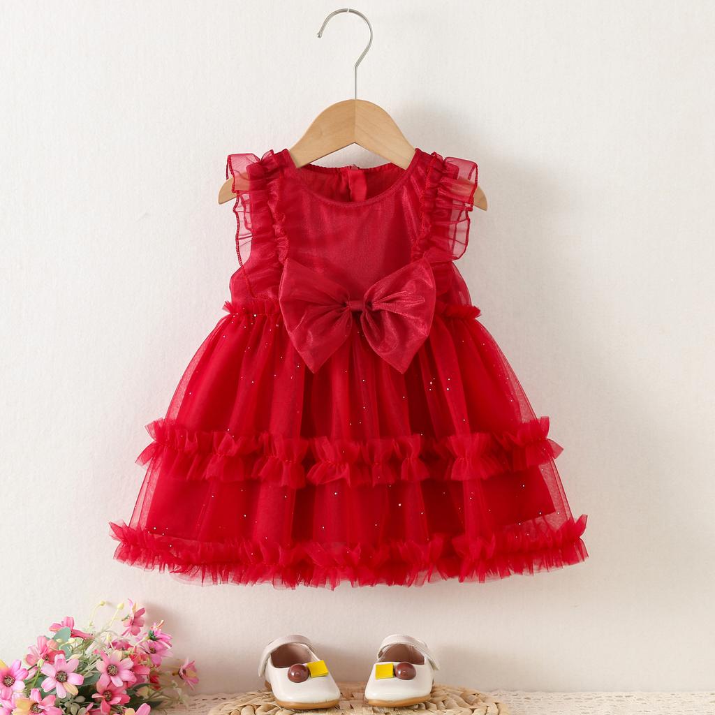 Abito alla moda per bambina con fiocco e maniche a sbuff in rete, Abito per bambini stile torta principessa