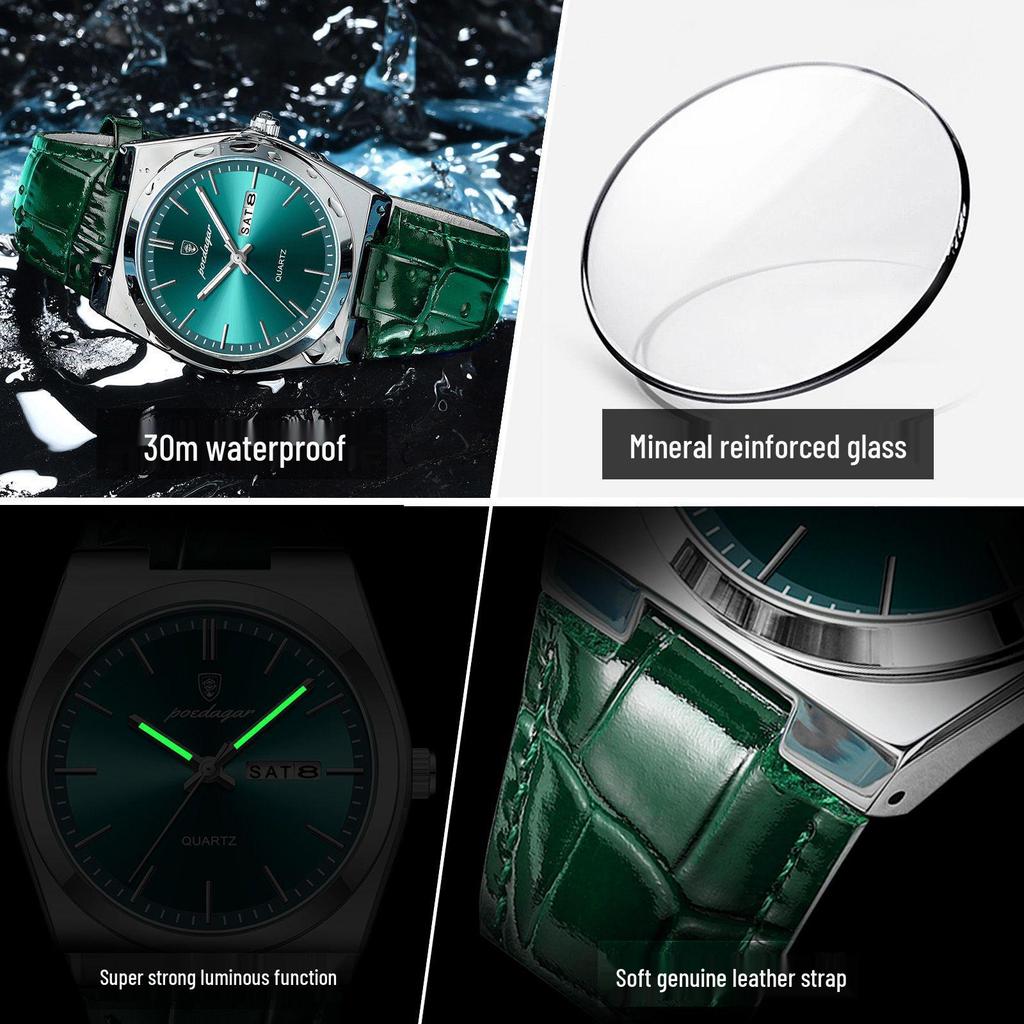 POEDAGAR Men's Ultra-Thin Dual Calendar Quartz Watch with Leather Strap - Trendy Fashion Wristwatch