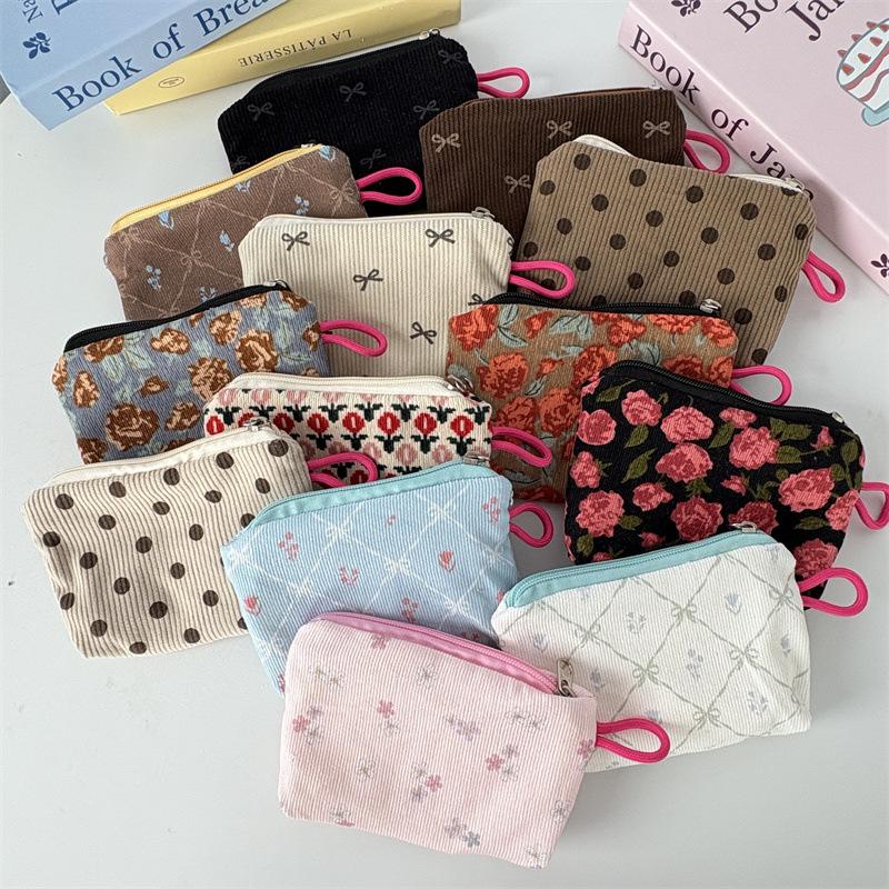 

New Corduroy Floral Coin Wallet Women Portable Lipstick Makeup Bag Children s Cute Coin Purse Small Wallet Large Capacity ID Bag