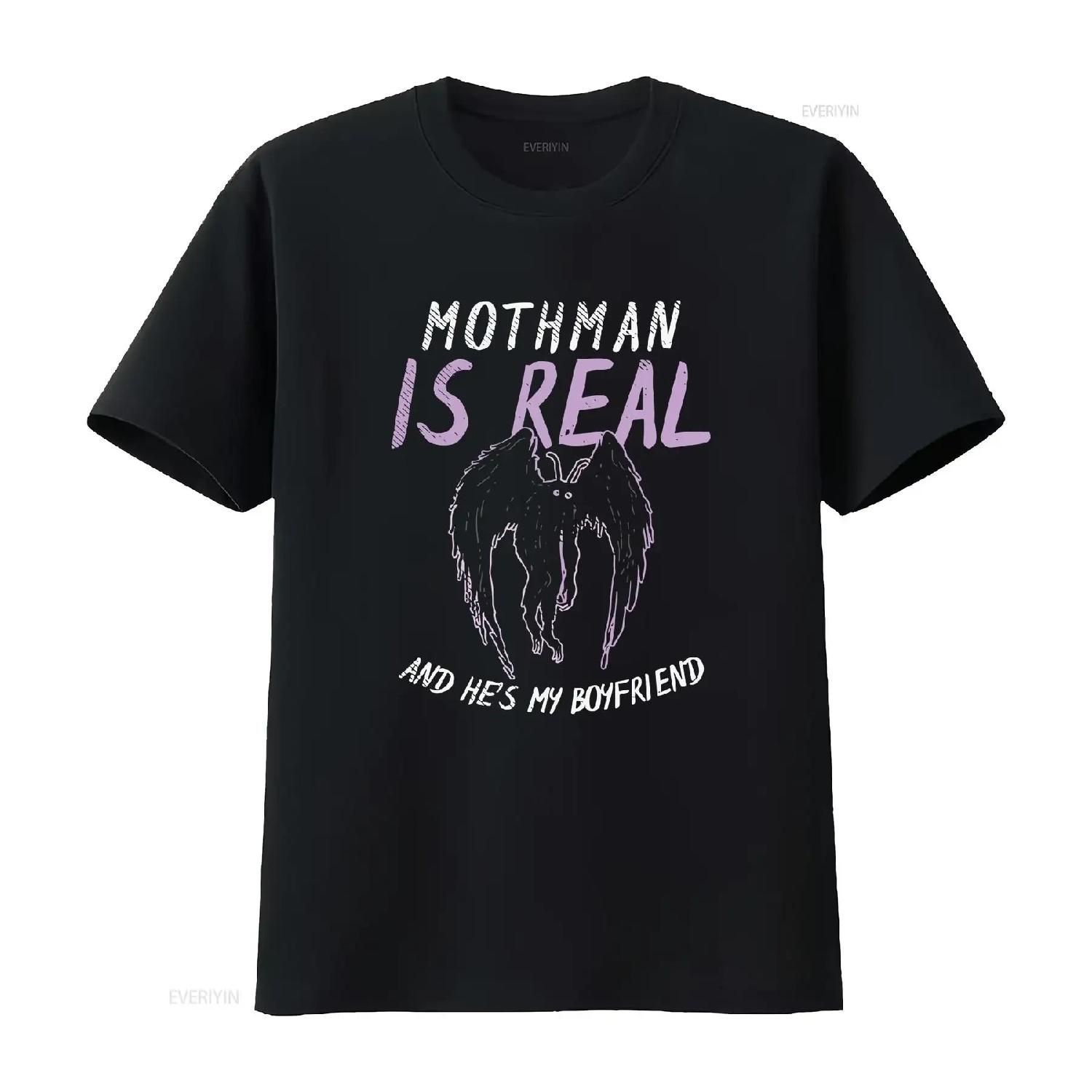 

Mothman T Shirt Is Real And He s My Boyfriend vintage Washed Unisex designer clothes streetwear homme fashion Slightly graphic S чёрный