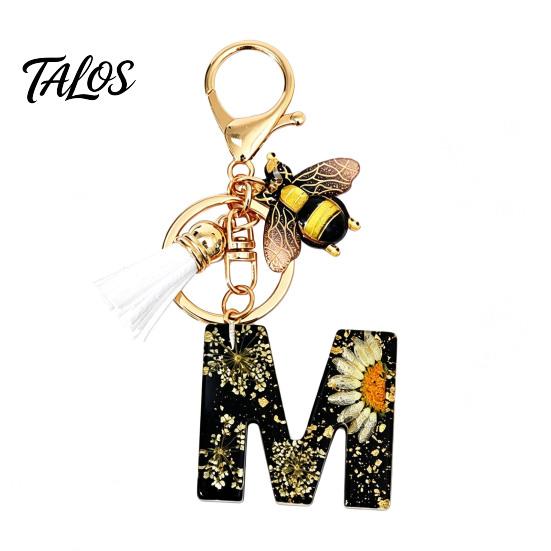 Talos Black Series Keychain Pendant, Dried Flower Initial Letter Charm Key Chain with Bee Tassel Design, A-Z Holder for Bag Purse Backpack