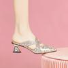 Fashion Square Heel Slippers Fall New Pointed Toe Shallow Mouth Cutout Breathable Sequin Non-Slip Wear-Resistant High Heels