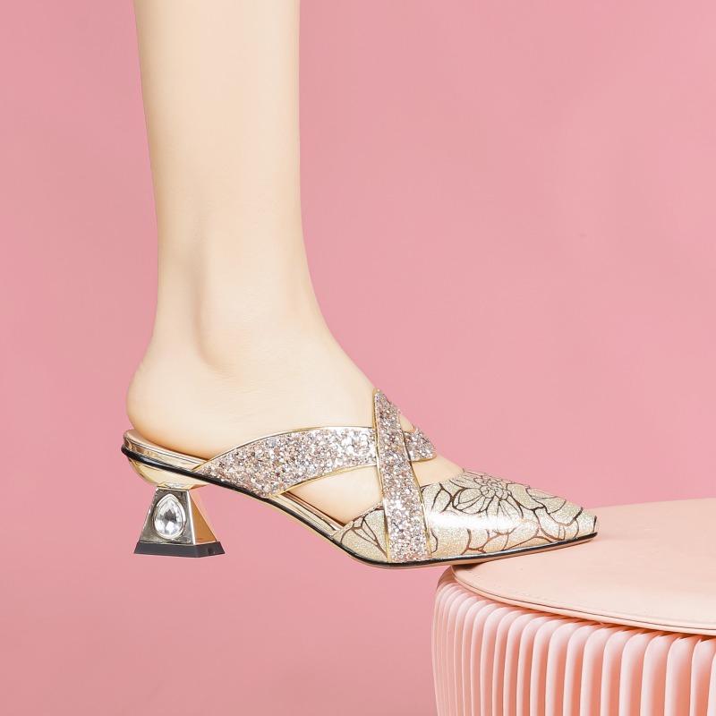 Fashion Square Heel Slippers Fall New Pointed Toe Shallow Mouth Cutout Breathable Sequin Non-Slip Wear-Resistant High Heels