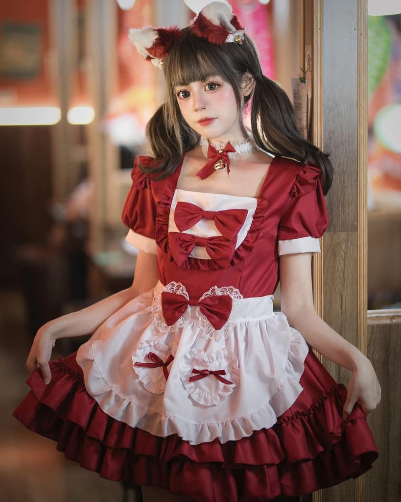 Milky Time Women's Lolita Maid Cosplay Dress, Short Sleeves, Ribbon, 4 Colors (Red)