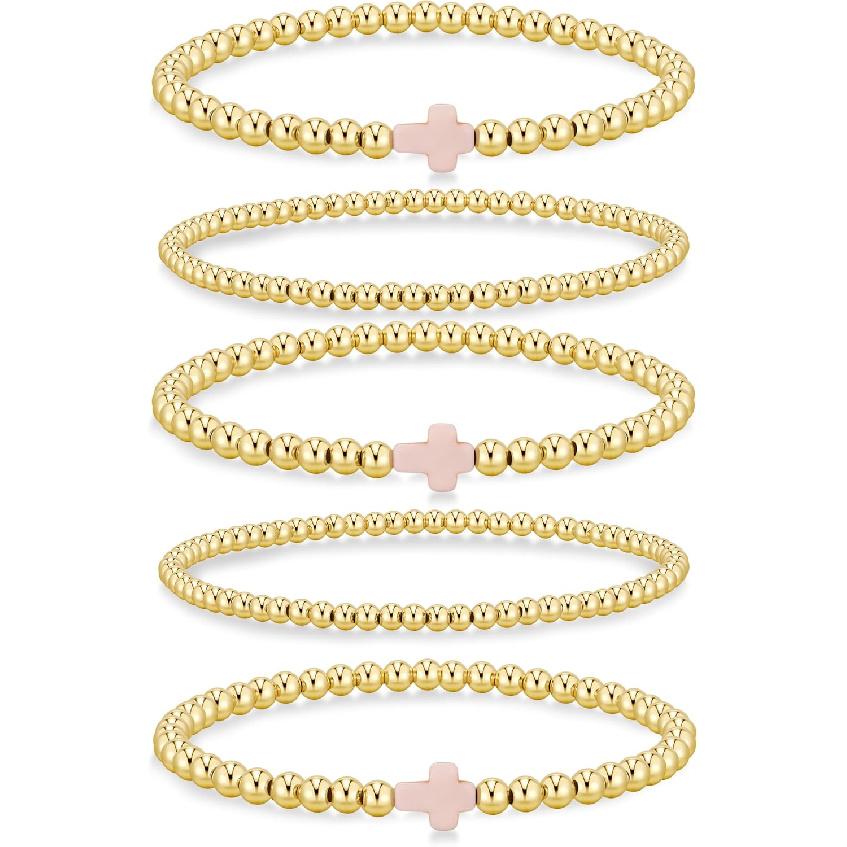 Yoosteel Gold Beaded Bracelets for Women Teen Girls, Gold Plated Jewelry | Gold Stackable Stretch Bracelets, Dainty Round Beaded Pearl Cross Bracelet