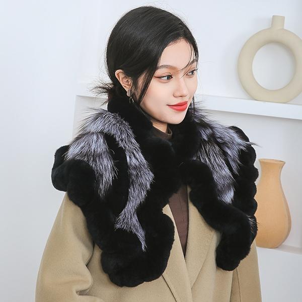 

New Women Winter Real Rex Rabbit Fur Scarf Shawl Warm Soft Silver Fox Fur Scarves Female Fashion Real Rex Rabbit Fur Poncho Length about 100cm чорний