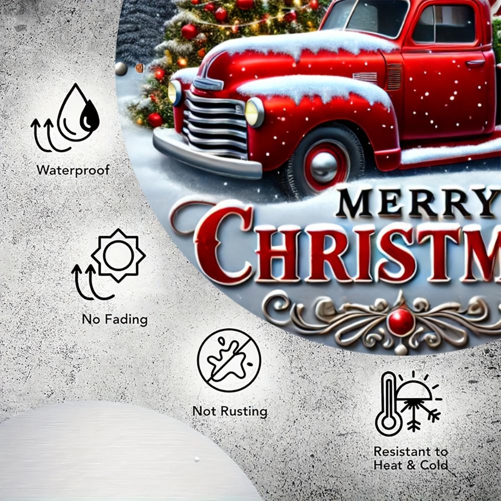 Vintage Red Truck Merry Christmas Sign 8 Inch Round Aluminum Metal Waterproof Wall Decor Farmhouse Decor with Christmas Tree