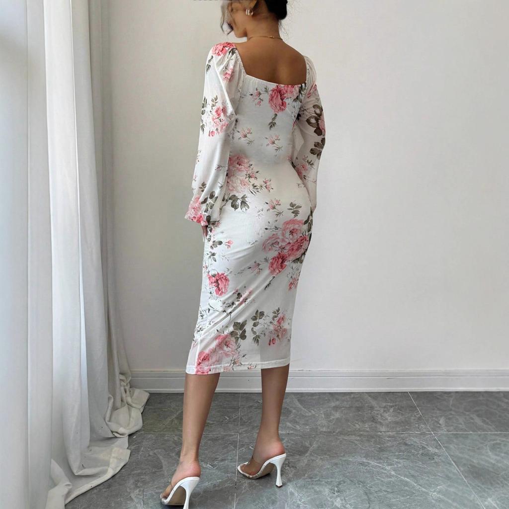 Sexy Temperament Flower Dress 2025 Autumn New Model Socialite Mesh Square Neck Pleated Women's Waist Pencil Skirt