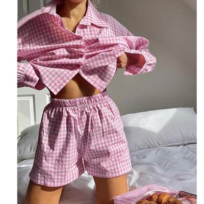 Ropa de Casa para Mujer Ropa de Descanso Pijama Rosa a Cuadros Camisa de Manga Larga Tops y Minishorts de Cintura Alta Conjunto de Dos Piezas Chándal