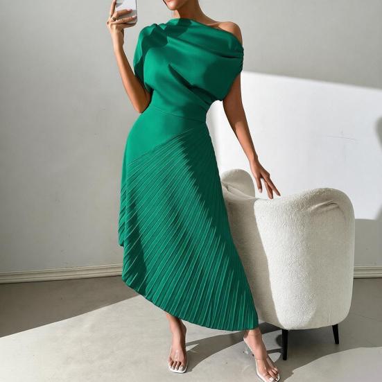 Vestido de Noche Formal Plisado para Mujer Vestido Plisado de un Solo Hombro Línea A Manga Corta Fruncido Vestido de Fiesta Cóctel