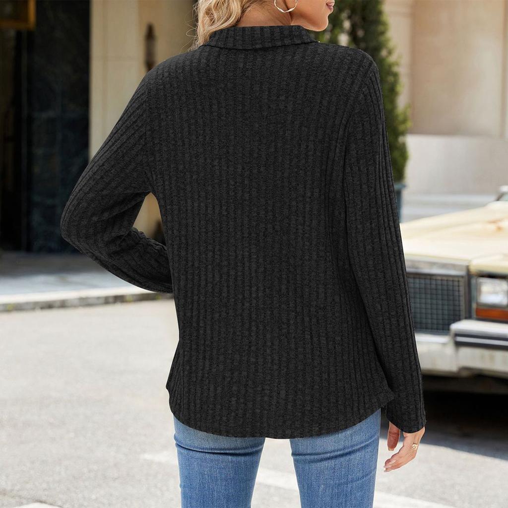 Women's Fashionable Solid Color Long Sleeved Collar Pocket Loose T-shirt Top