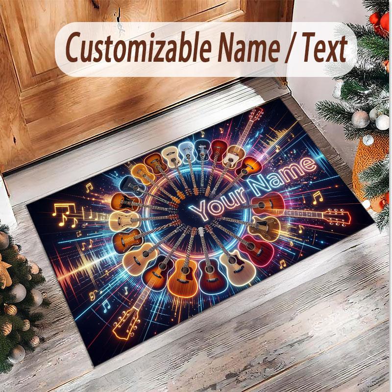 Music Guitar Theme Soft Crystal Velvet Rug Custom Name & Text Print Non Slip Floor Rug for Bedroom Living Room