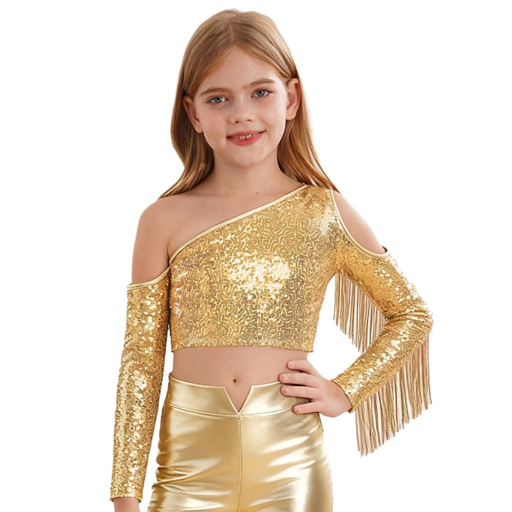 Mädchen Performance Top Ein Schulter Langarm Pailletten Quasten Detail Schönheitswettbewerb Bühne Wettbewerb Crop Top