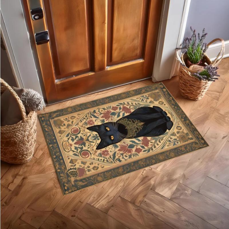 Antique Black Cat Rug with Eclectic Floral Pattern Black Academia Rug Cottagecore Botanical Decor Cat and Flower Mats Aesthetic