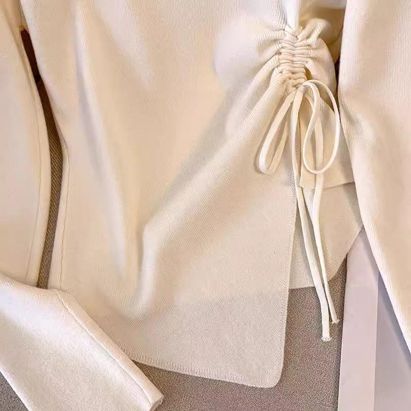 Elegantes 3D-Blumen-Aprikosenfarbenes Schlankheitstop für Damen - Eckiger Ausschnitt, Herbst-/Winter-Schicht