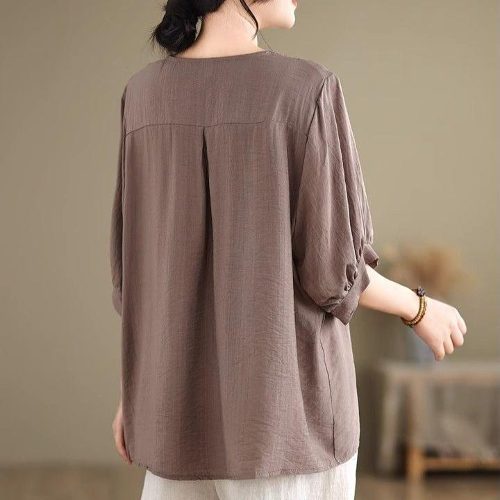 Women's Cotton Linen T-shirt  Summer Retro Loose V-neck  Plus Size Blouse Soft and Skin-friendly Blouse