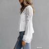 Elegant Lace Splice Hollow Out Fashion Blouse Women V Neck White Shirt Long Sleeve Sweet Casual Loose Tops Ladies Ruffled Pleated Simple Clothing