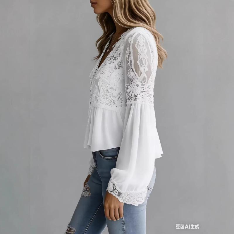 Elegant Lace Splice Hollow Out Fashion Blouse Women V Neck White Shirt Long Sleeve Sweet Casual Loose Tops Ladies Ruffled Pleated Simple Clothing