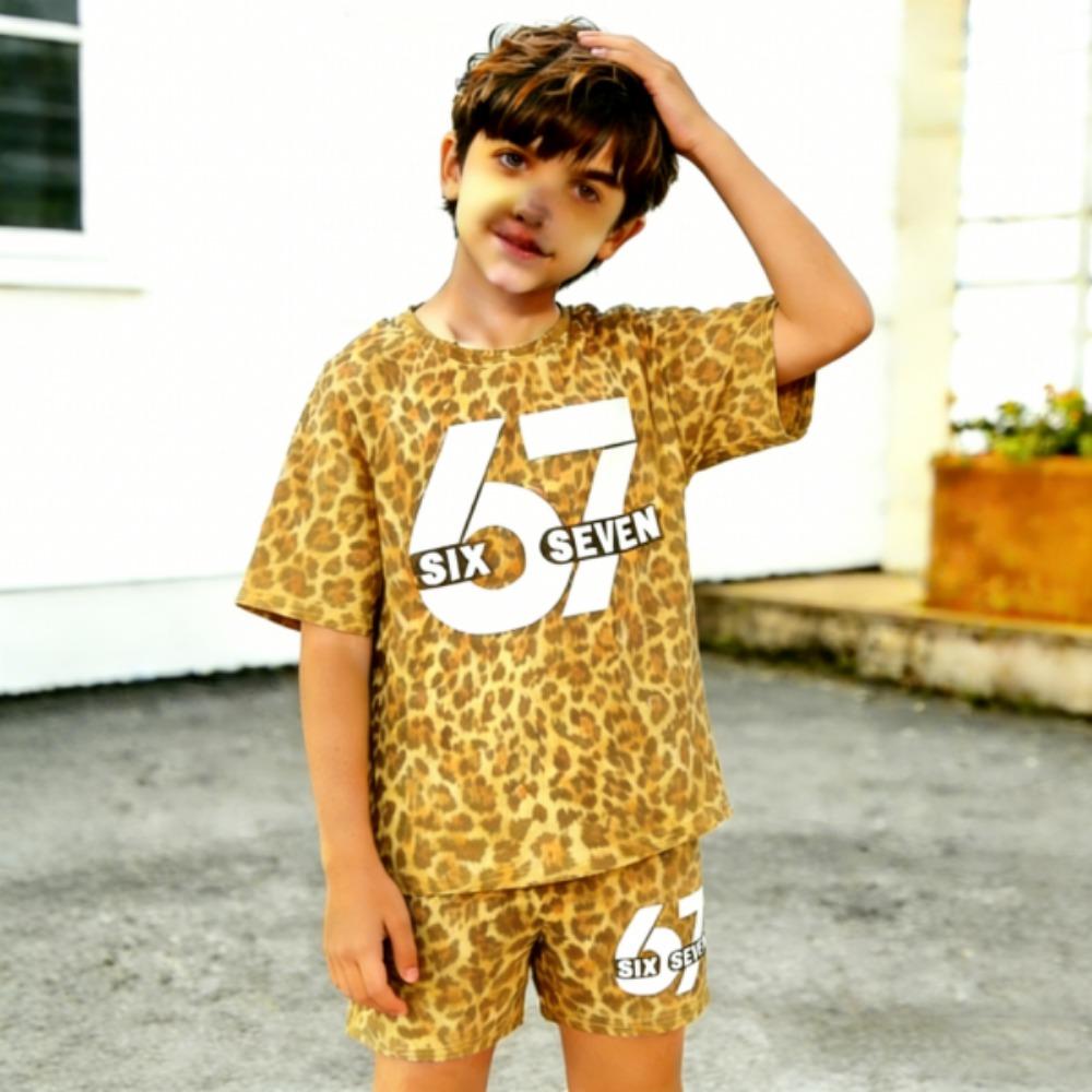 67 Leopard Colored Printed kids T-shirt and Shorts 2 Piece Set Summer Casual Outfit for boy's and girl's Clothing Top