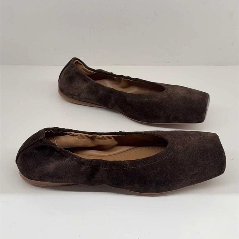 Nové francouzské retro čtvercová špička baleríny dámské kožené univerzální nízký nárt ploché boty