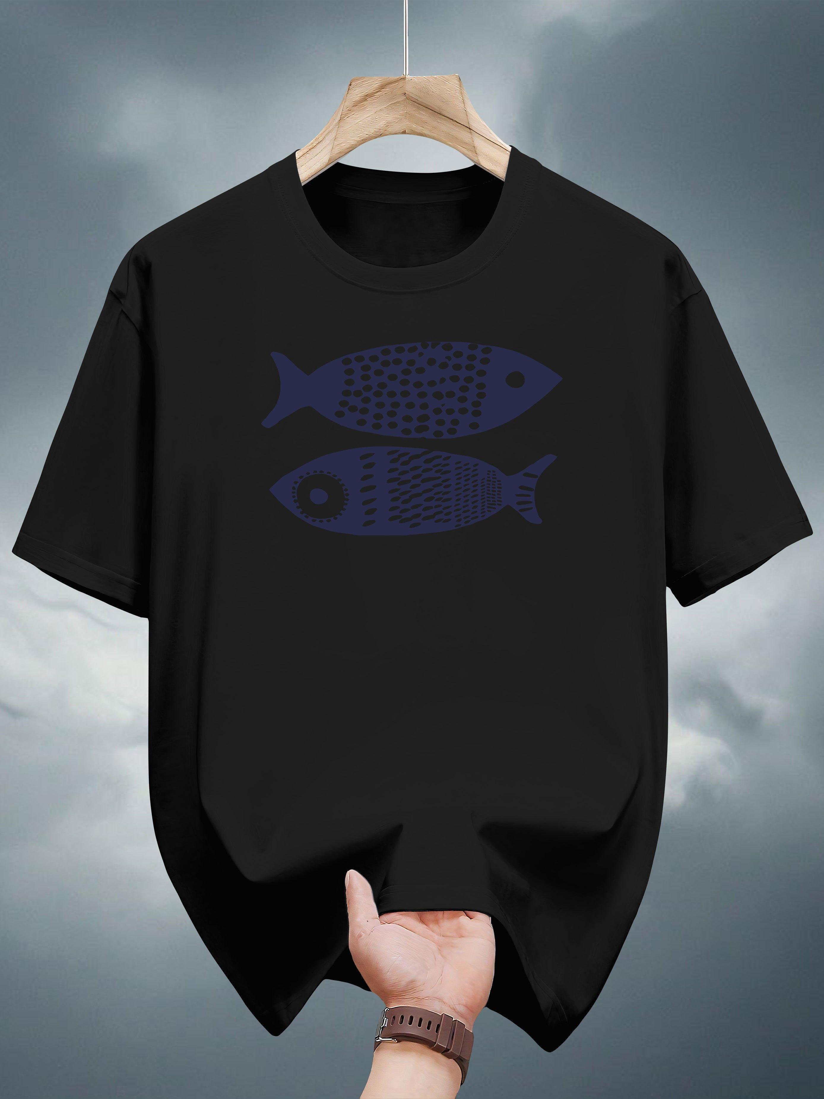 200g 100% Cotton Short Sleeve T-shirt with Fish Print Design - Navy Blue Casual Summer Tee S