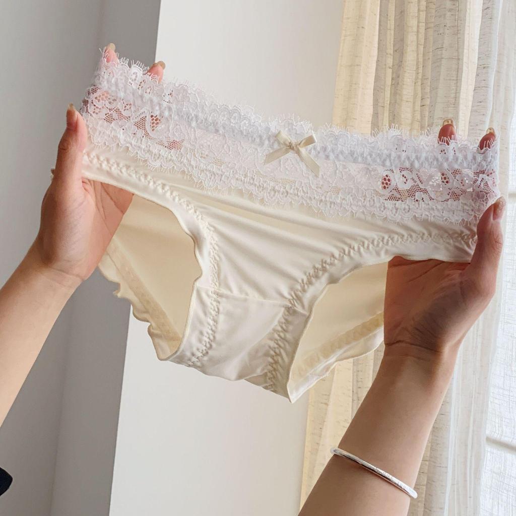 French Lace Satin Mid-Low Waist Triangle Panties with Cotton Crotch for Women