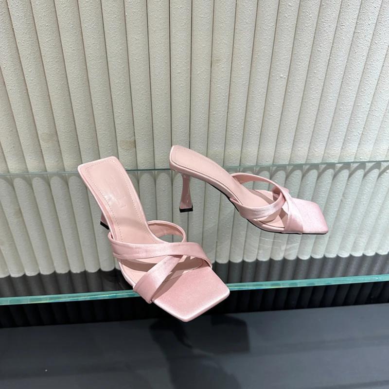 

Летние женские модные шлепанцы с квадратным носком, модные шлепанцы на высоком каблуке для платья, повседневная уличная обувь 40
