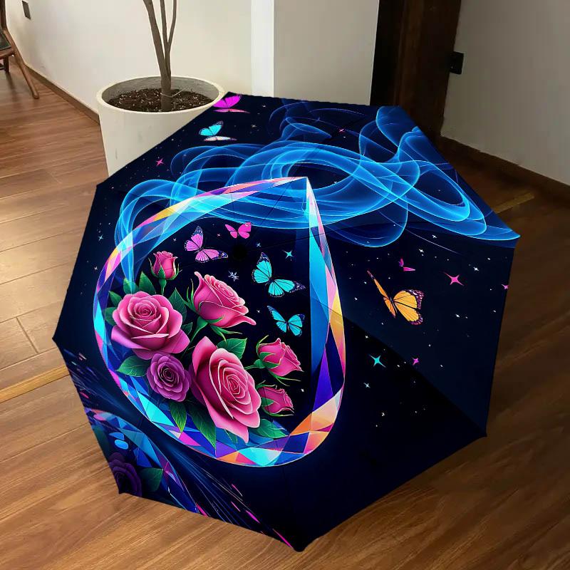 1pc Flowers Butterfly Automatic Open/Close Umbrella Compact Folding Umbrella with 8-Rib Shaft for Women/Men, Portable Travel Umbrella,1187S