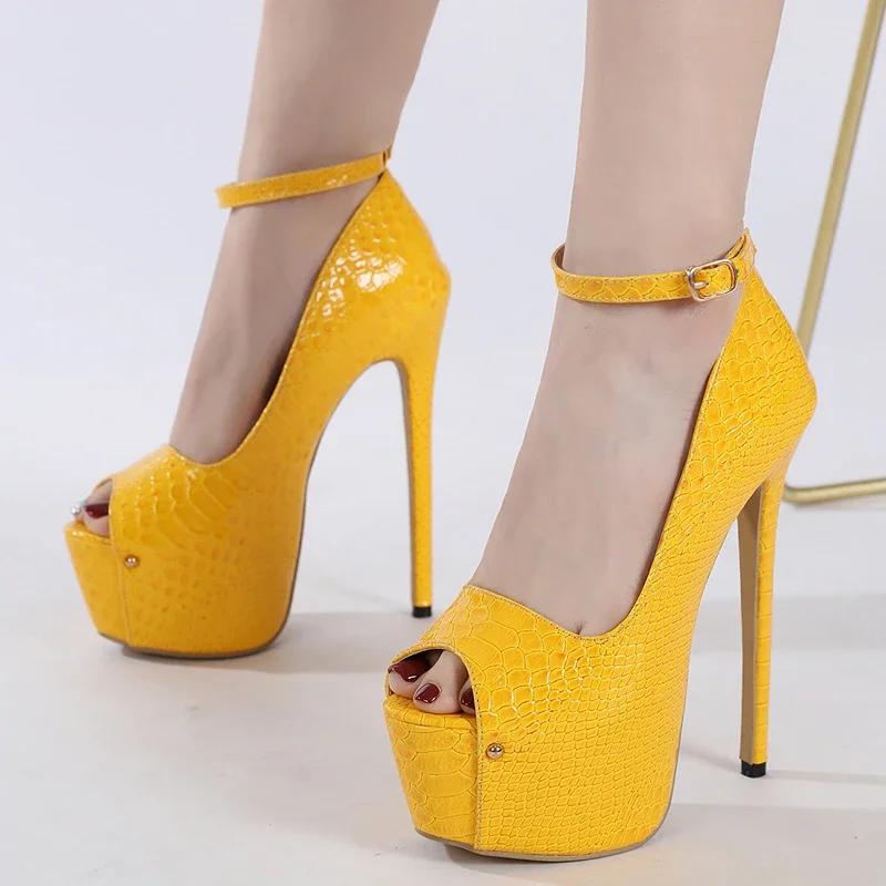 Fashion Sexy Peep Toe Buckle Strap Platform High Heels Womens Super-high Heels Stripper Nightclub Prom Party Shoes Yellow Block Heel