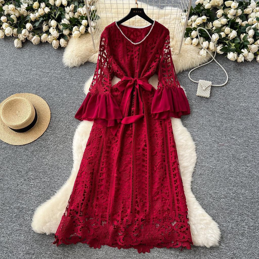 France Vintage Hollow Out Evening Dress Women Sashes V-Neck Flare Sleeve Crochet Elegant Dress Female Casual Chic Clothing