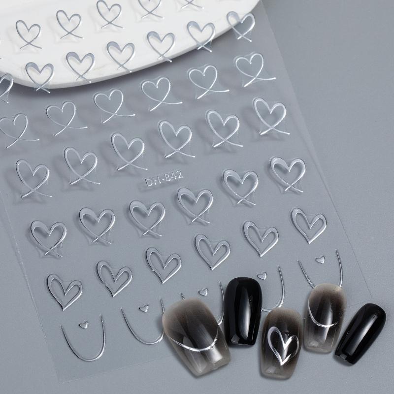 1 Sheet Nail Art Stickers 3D Cute Heart White Gold Silver Lines Love Heart Nail Decals Diy Adhesive Slider Manicure Decorations