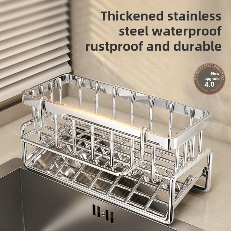 Stainless Steel Kitchen Sink Organizer | Faucet Caddy with Self-Draining Sponge Holder, Towel Rack & Compact Storage Solution