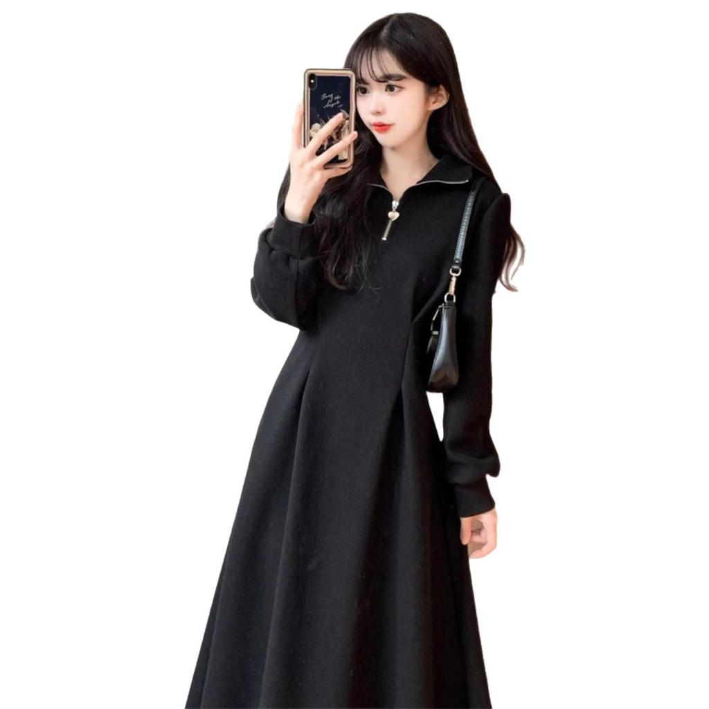 Hepburn-style French Dress: Plus Size Slimming, Autumn/Winter, Cinched Waist, Polo Collar, Structured Shoulders, Inner Layer