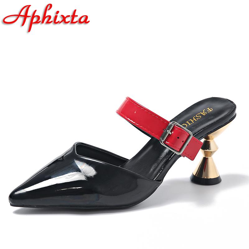Aphixta Summer Pointed Toe 7cm Special Heel Slides Belt Buckle Woman Shoes Slides Sandals Classic Shoes Size 35-43