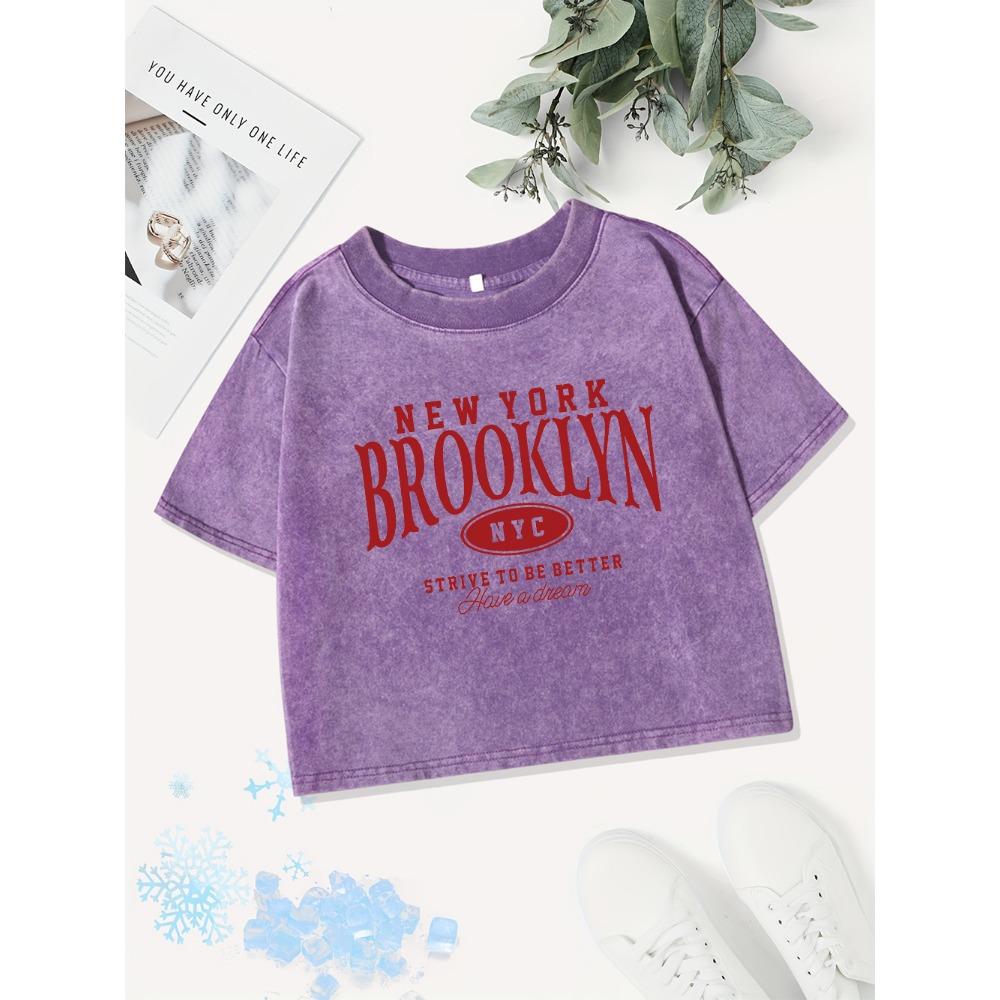 Summer Cotton Crop Tops Womens New York Brooklyn Nyc Prints Washed T-Shirts Street O-Neck Regular Fit Clothes