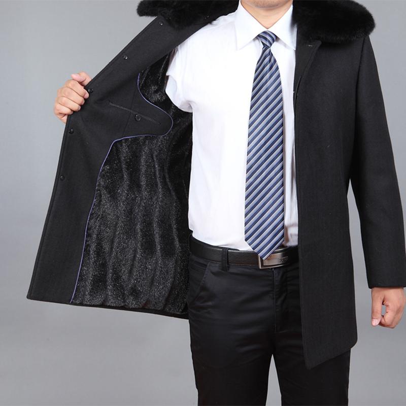 Erkekler Yün Ceket Kış Yün Karışımı Ceket Yün Uzun Ceket Kalın Yün Ceket Erkek Bezelye Ceket Gerçek Tavşan Kürk