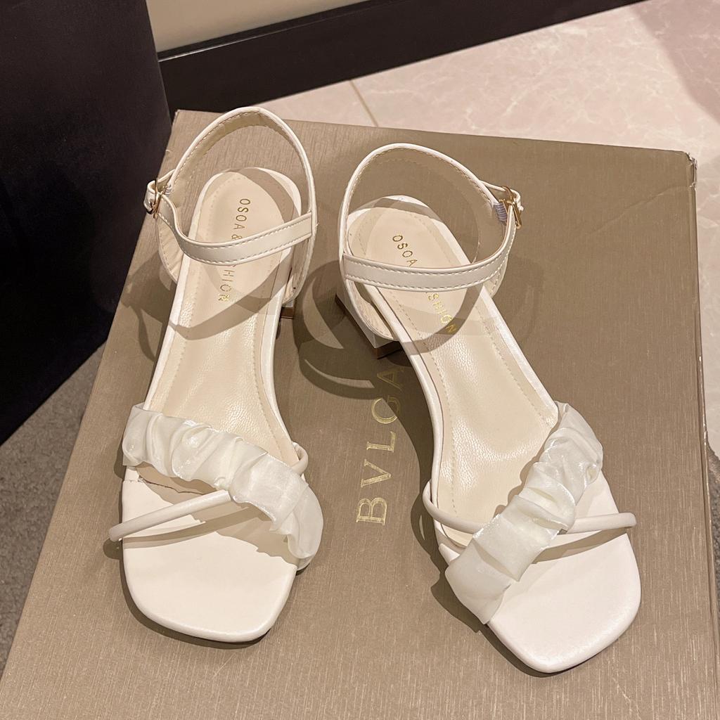 Fashion Women Fashionable Versatile Heel Sandals New Summer Casual Simple Solid Color Square Toe Open Toe Buckle Strap Women Shoes