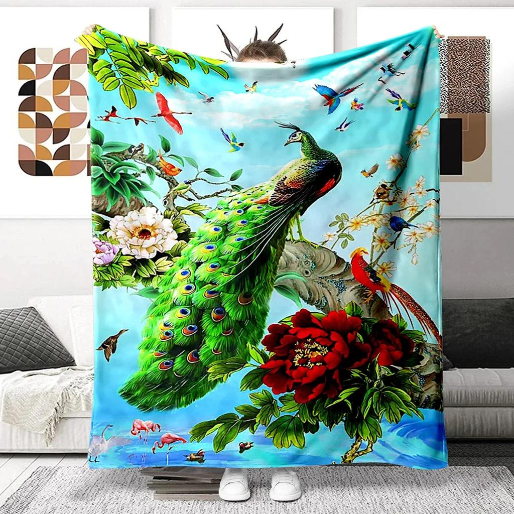Colorful Peacock Picture Digitalprinted Polyester Bedroom Velvet Flannel Cover Blanket Fleece Soft Sofa Cover Blankets for Beds