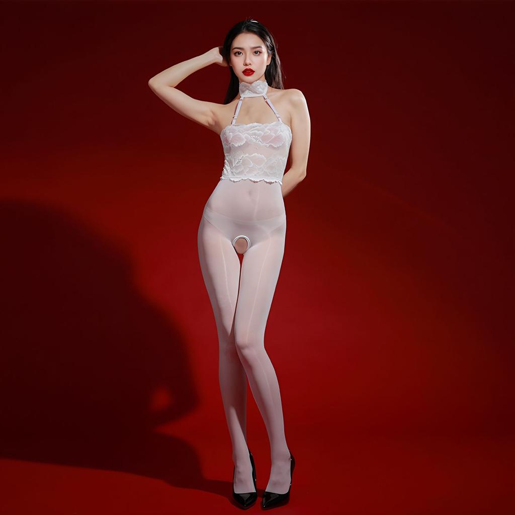 Xumi Sexy Lace Halter Neck Tube Top Open Crotch One-piece Stockings 5D Ultra-thin Glossy Silky Sheer Lingerie for Women