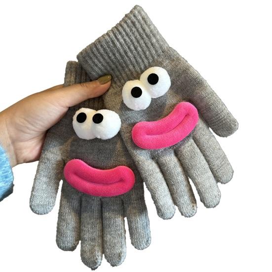 Vtipné kreslené pletené rukavice Roztomilé velké oči Teplé rukavice Zimní žebrované rukavice s dotykovou obrazovkou na řízení, dojíždění, cyklistiku, každodenní pochůzky