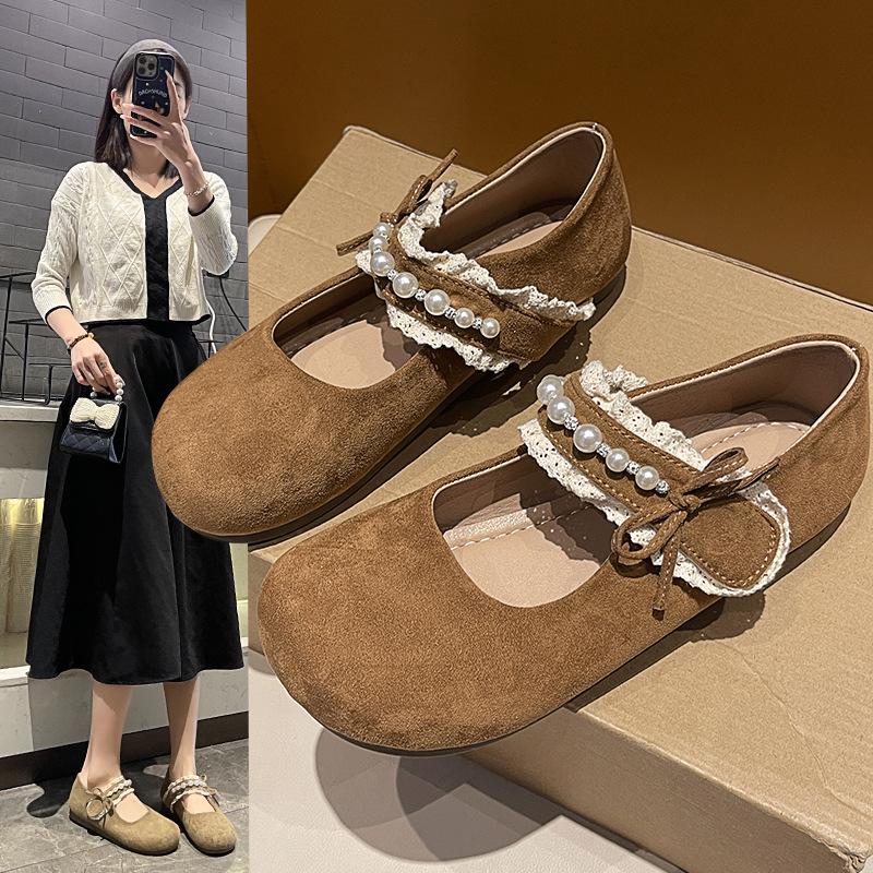 

Spring 2025 Pearl Bow Velcro Loafers - Fairy Style Flat Round Toe Shoes 36 хакі