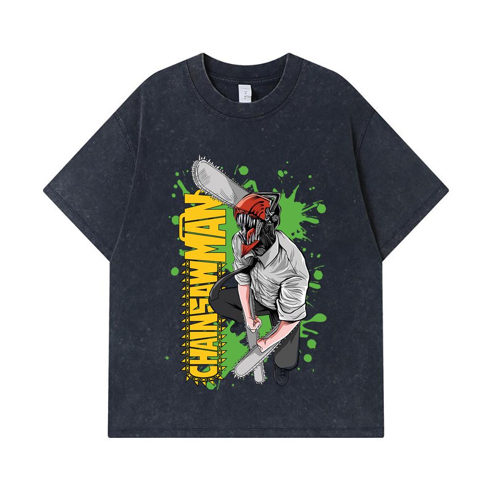 275 GSM Washed T-shirts 100% Cotton Chainsaw Man V22 Denji Print Unisex Heavy Cotton T Shirt