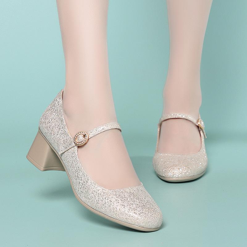 5cm Atmungsaktiv Bequem Flach Gold Bling Hochzeitsschuhe Damen Pumps 2025 Trend Frühling Mittel Blockabsatz Schuhe für Büro Model