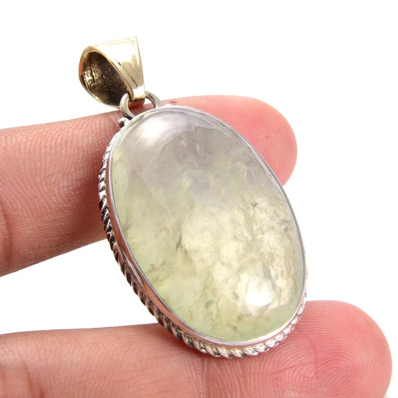 Natural Prehnite Gemstone 925 Sterling Silver Jewelry Two Tone Pendant 1.9" P8c05