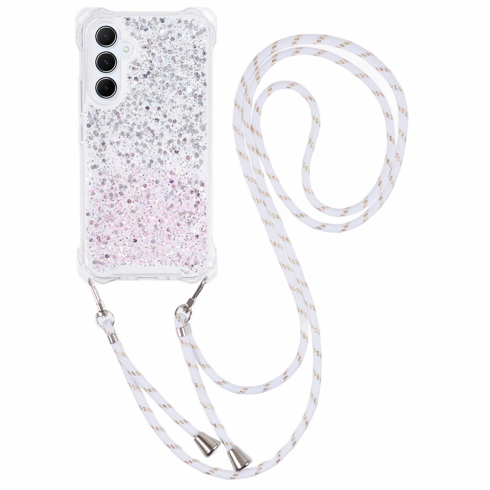 

Чехол для Samsung Galaxy A55 5G, утолщенные 4 угла, ТПУ+акрил, градиентный чехол для телефона с длинным ремешком Silver+Pink